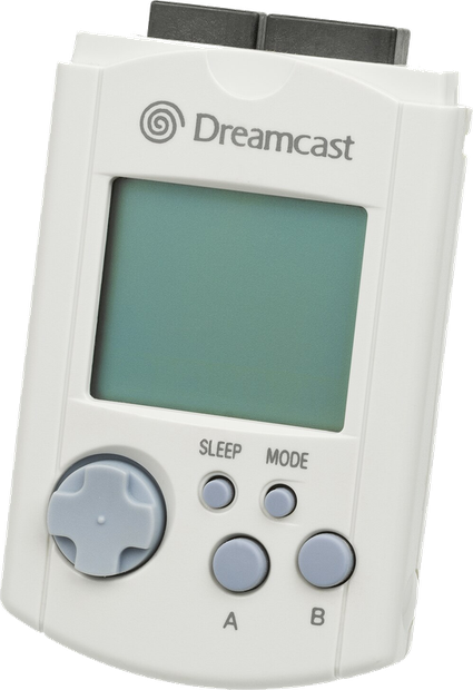 The Sega Dreamcast VMU: a small white memory card with an LCD screen, a D-pad, sleep and mode buttons, and A and B buttons.