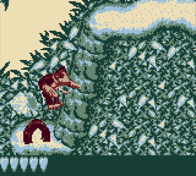 Donkey Kong clinging to a vine in a dense jungle level of Donkey Kong Land, with a barrel on the ground below and five life icons along the bottom.
