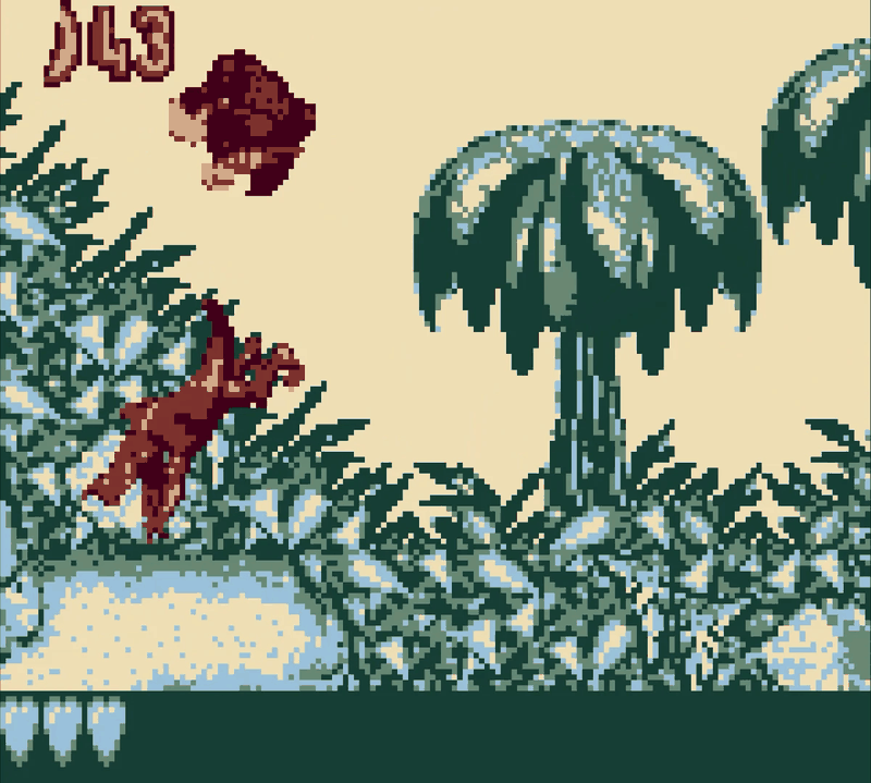 Donkey Kong mid-jump beside a palm tree in Donkey Kong Land, with a bonus barrel and the number 143 in the top left corner.