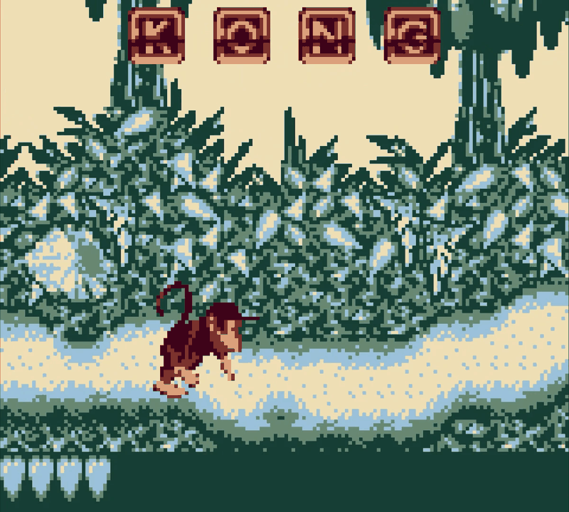 Donkey Kong running through a jungle level, with the four K-O-N-G letter crates lined up along the top of the screen.