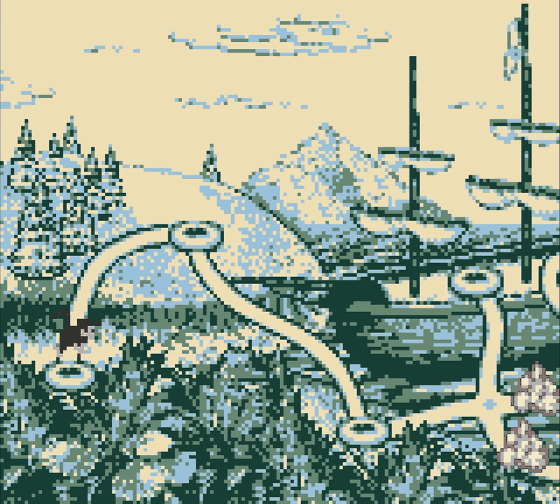 The Donkey Kong Land world map: a route of linked circles winding through pine forest towards mountains and a shipwreck's masts on the horizon.