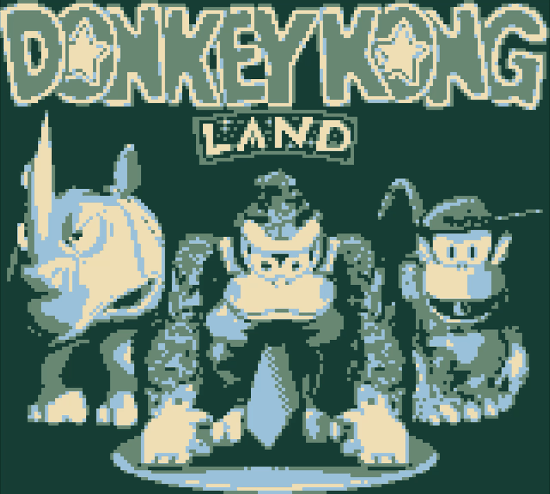 The Donkey Kong Land title screen: the game's logo above Rambi the rhino, Donkey Kong and Diddy Kong posed together, all in Game Boy green.