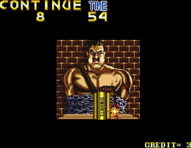 The Final Fight CD continue screen: a bare-chested character tied to a stick of dynamite against a brick wall, with a countdown from 8 and the line CREDIT = 3.