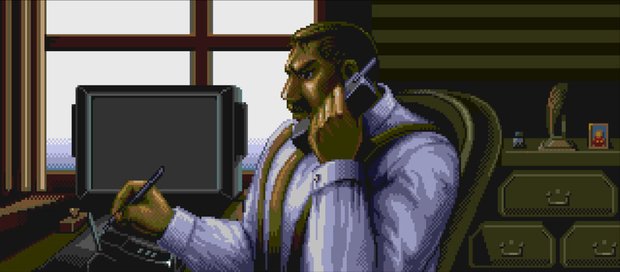 The Final Fight CD opening cutscene: Mayor Haggar sits at his desk taking a phone call, a framed photo beside him and a city skyline through the window.