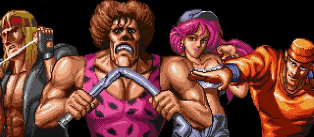 Four Mad Gear gang members lined up: a blond man with a knife, a large man in a pink vest bending a metal bar, a pink-haired woman, and a man in an orange top throwing a punch.