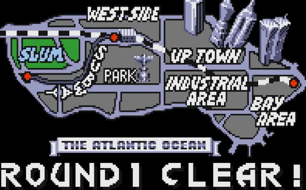 The Final Fight CD stage map of Metro City, showing Slum, West Side, Up Town, Industrial Area, Bay Area and the park, with the message ROUND 1 CLEAR.
