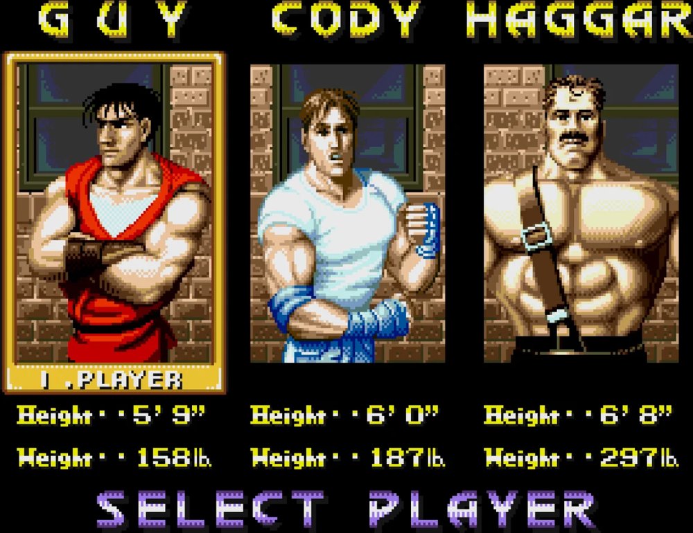 The Final Fight CD character select screen showing Guy, Cody and Haggar side by side with their heights and weights listed beneath.
