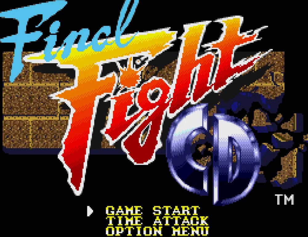 The Final Fight CD title screen: the Final Fight logo in blue and orange over a cracked brick wall, with a chrome CD emblem, above Game Start, Time Attack and Option Menu.