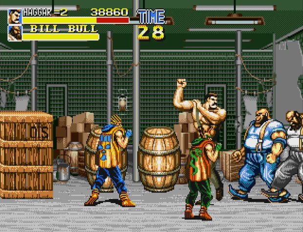 Final Fight CD gameplay: Haggar in a warehouse surrounded by four Mad Gear thugs, with the boss Bill Bull's health bar at the top of the screen.