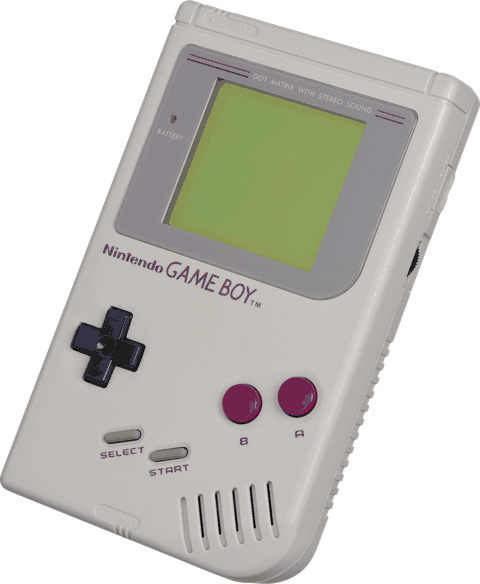 The original Nintendo Game Boy: a grey handheld with a green monochrome screen, black D-pad, and magenta A and B buttons.