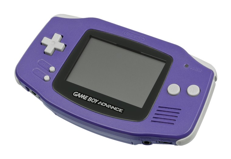 A purple Game Boy Advance held horizontally, with the D-pad on the left, A and B buttons on the right and shoulder buttons along the top edge.