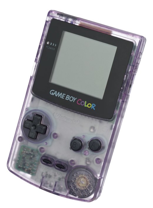 A translucent purple Game Boy Color handheld with the rainbow Game Boy Color logo beneath the screen.