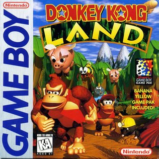 The Donkey Kong Land box art for Game Boy, noting the banana yellow Game Pak included.
