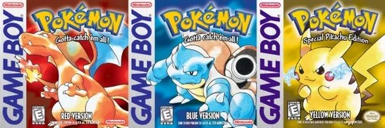 Three Game Boy box arts side by side: Pokémon Red with Charizard, Pokémon Blue with Blastoise, and Pokémon Yellow Special Pikachu Edition.