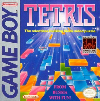 The Game Boy Tetris box art, with falling coloured blocks and the tagline From Russia With Fun.
