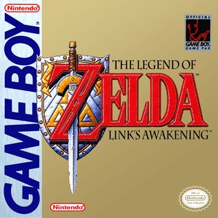 The Legend of Zelda: Link's Awakening box art for Game Boy, with the sword and shield on a gold background.
