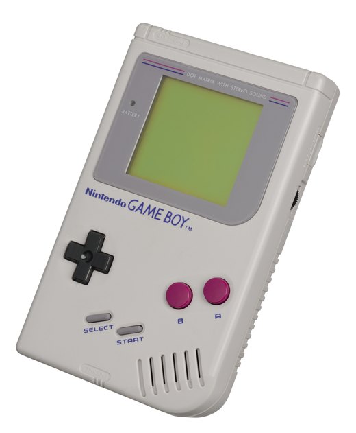 The original grey Nintendo Game Boy, angled, with its green screen, black D-pad and magenta A and B buttons.