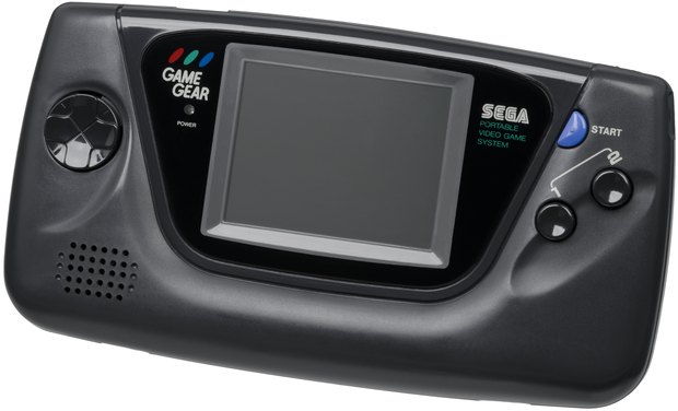 The Sega Game Gear, a wide black handheld with a colour screen and a D-pad on the left.