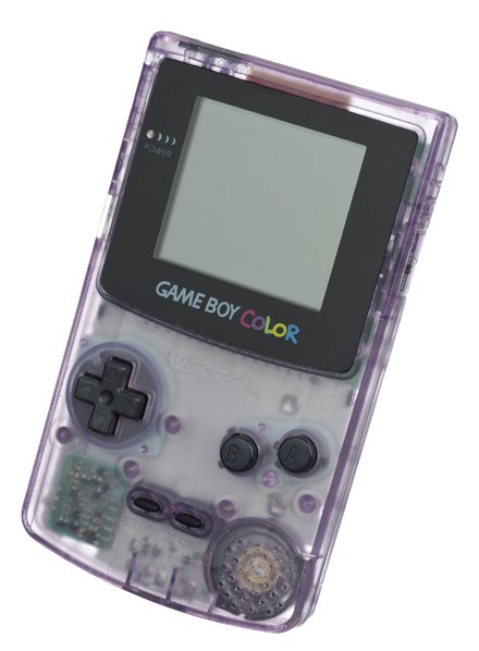 A translucent purple Game Boy Color with the rainbow Game Boy Color logo below the screen.
