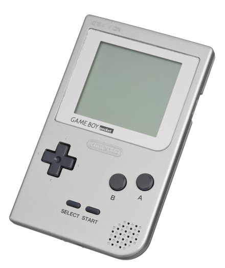 A silver Game Boy Pocket, slimmer than the original, with a grey screen surround and dark buttons.
