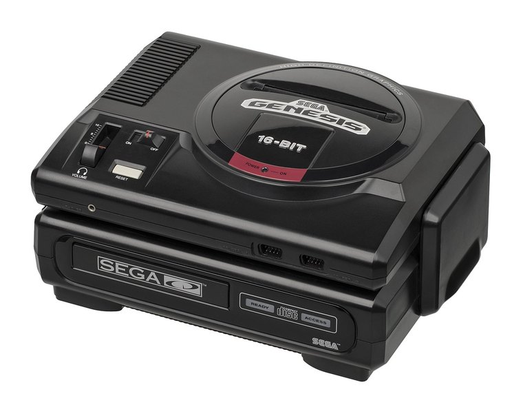 A Sega Genesis sitting on top of a Sega CD unit, the two stacked together in black.