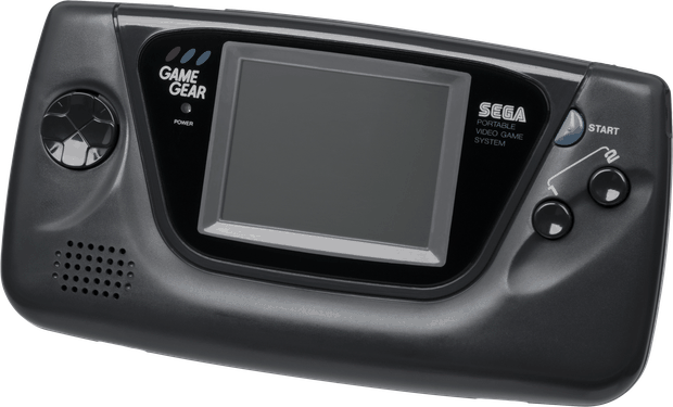 The Sega Game Gear, a wide black handheld with a colour screen.