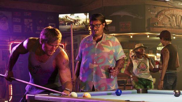 Inside a dive bar lit by purple and yellow neon: a man in a vest leans over a pool table to take a shot while a man in a bright patterned shirt watches with a beer.