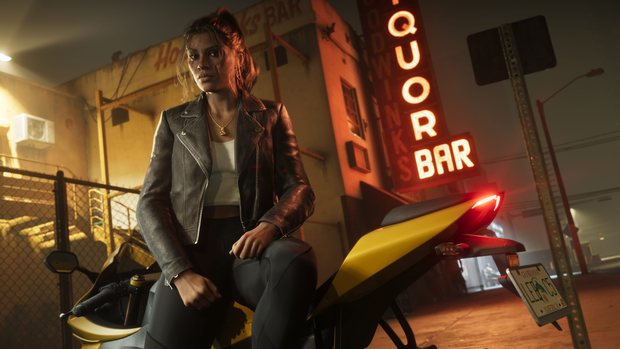 Lucia in a leather jacket sitting on a yellow motorbike outside a bar at night, a red neon LIQUOR BAR sign glowing behind her.