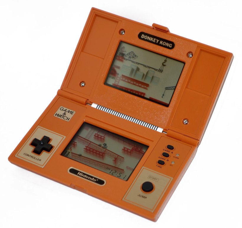 An orange Game & Watch Donkey Kong opened out, showing two LCD screens, a black cross-shaped D-pad on the lower left marked CONTROLLER, and Game A, Game B and Jump buttons.