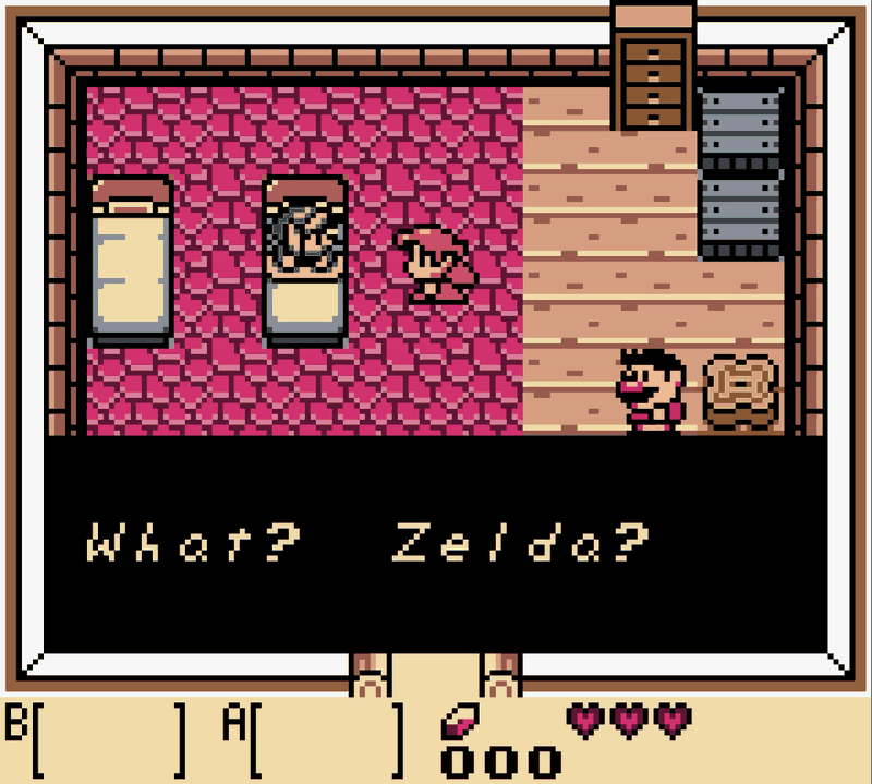 Inside a house in Link's Awakening DX: Marin stands by two beds while Tarin sits at a table, with the dialogue box reading What? Zelda?