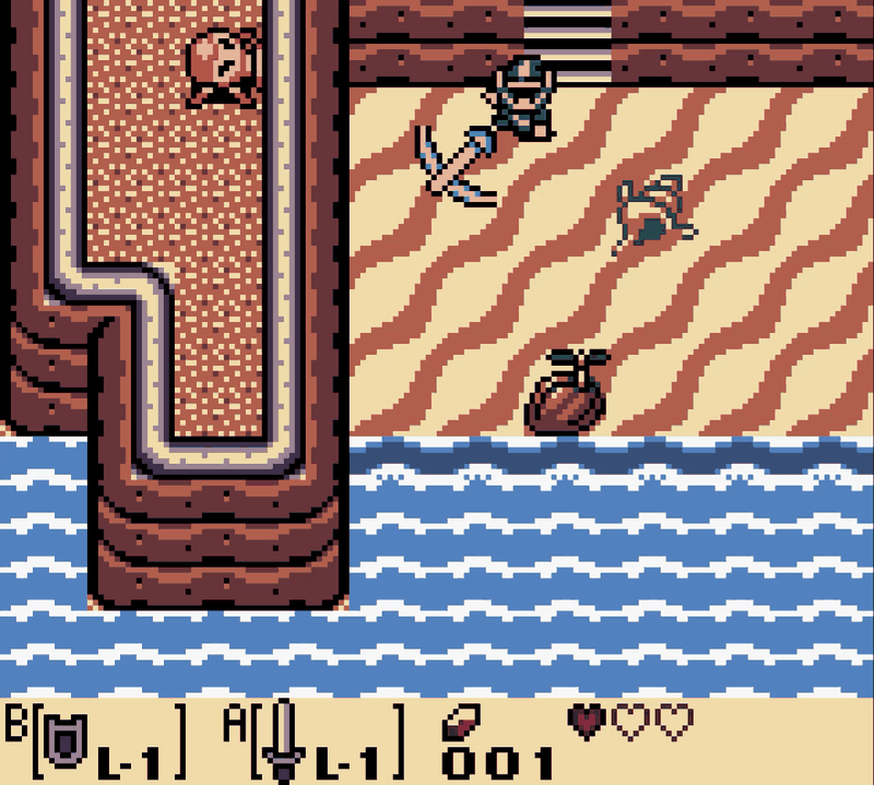 Link swinging his sword on Toronbo Shores in Link's Awakening DX, with a crab nearby, a bush on the sand and the sea below. One heart remaining.