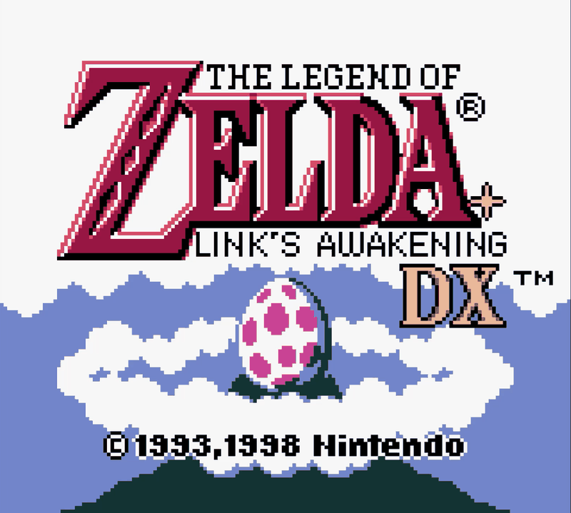 The Legend of Zelda: Link's Awakening DX title screen, showing the Zelda logo above a pink-spotted egg sitting on a mountain top in the clouds, with the copyright line 1993, 1998 Nintendo.