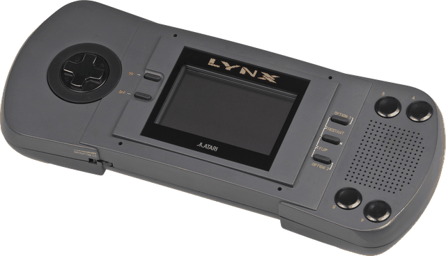 The original Atari Lynx, a large grey handheld with a colour screen and controls on both sides.