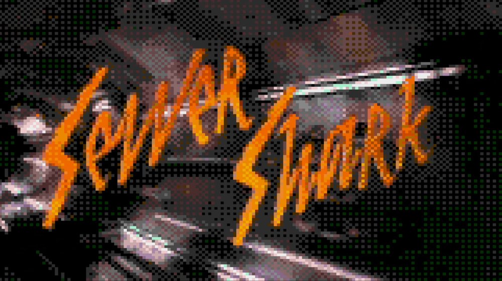 The Sewer Shark title screen on Mega CD: orange hand-drawn lettering over a heavily dithered, grainy full-motion video background of a tunnel.