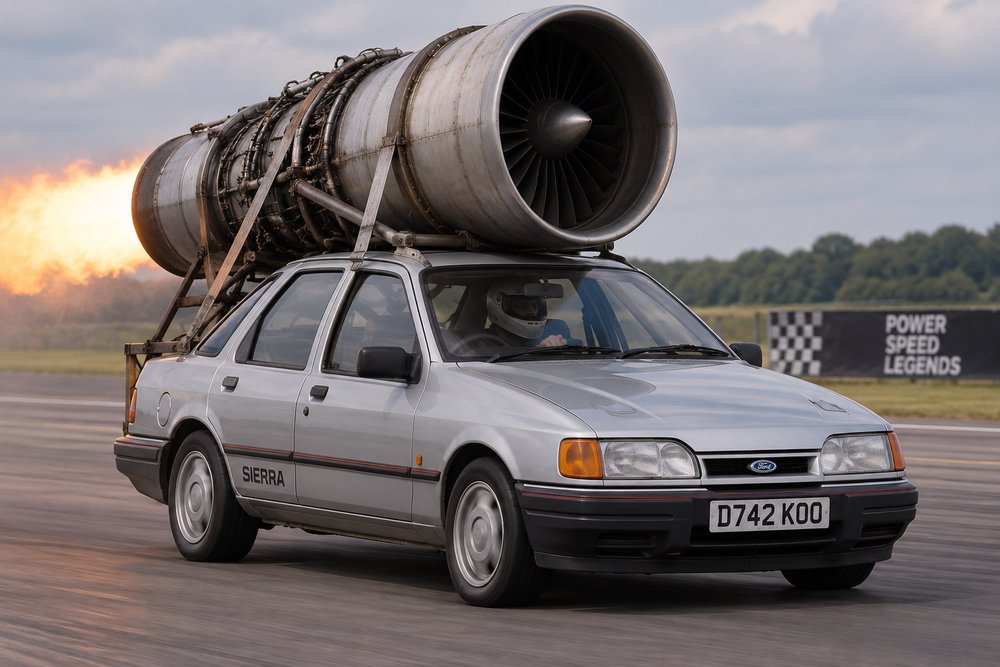 An illustration of a silver Ford Sierra driving down a runway with a full-size jet engine strapped to its roof rack, afterburner lit.