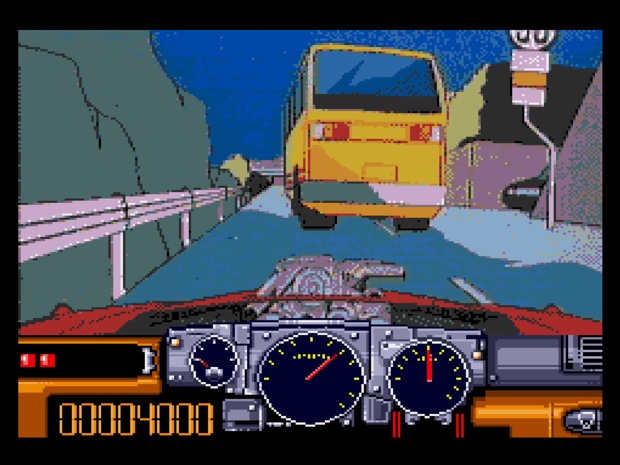 Road Avenger: an animated first-person view from a car dashboard, closing fast on a yellow van on a mountain road at night.