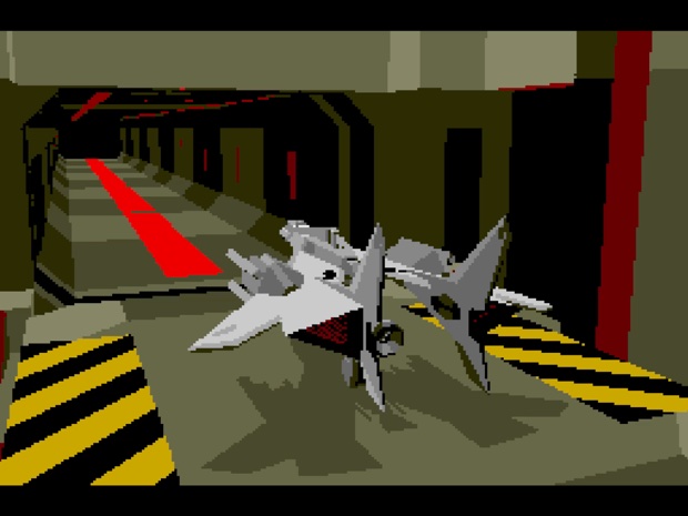 Silpheed: a grey fighter craft sitting on an olive launch deck marked with yellow and black hazard stripes.