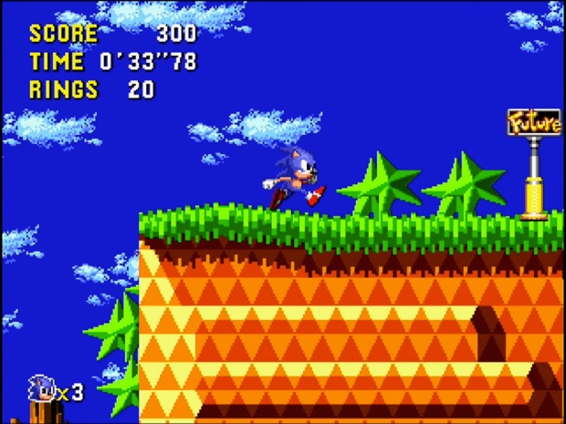 Sonic CD: Sonic running along green grass over orange rock, with a signpost reading Future ahead of him.