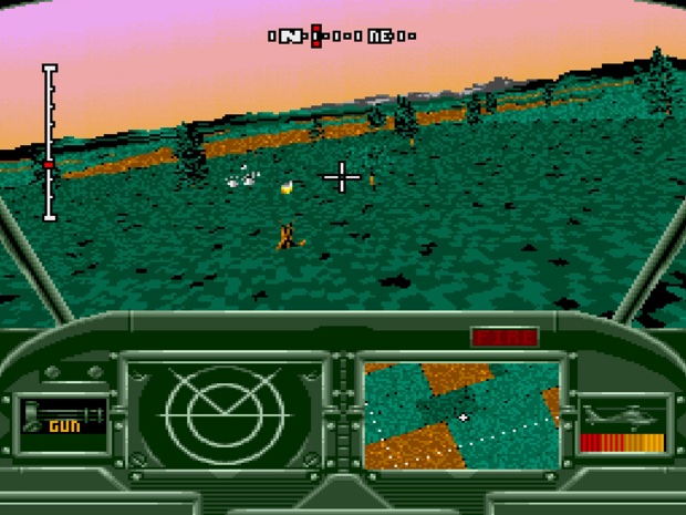 Thunderhawk on the Mega CD: a helicopter cockpit view over green terrain at sunset, with radar, map and weapon readouts along the bottom.