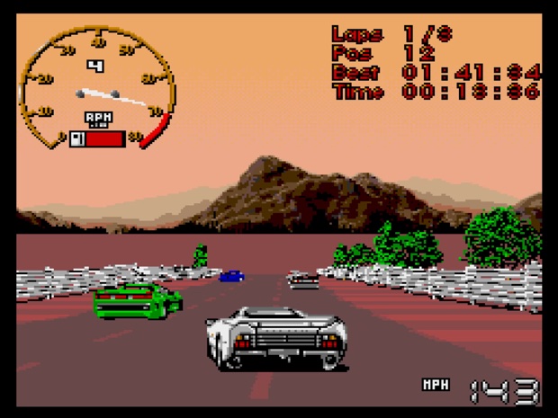 Jaguar XJ220 on the Mega CD: a white supercar chasing a green one down a road at sunset, with a rev counter and lap times on screen.