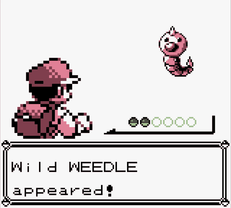 A wild encounter in Pokémon Red: the trainer faces a Weedle, with the message Wild WEEDLE appeared! and a row of six Poké Ball slots showing two filled.