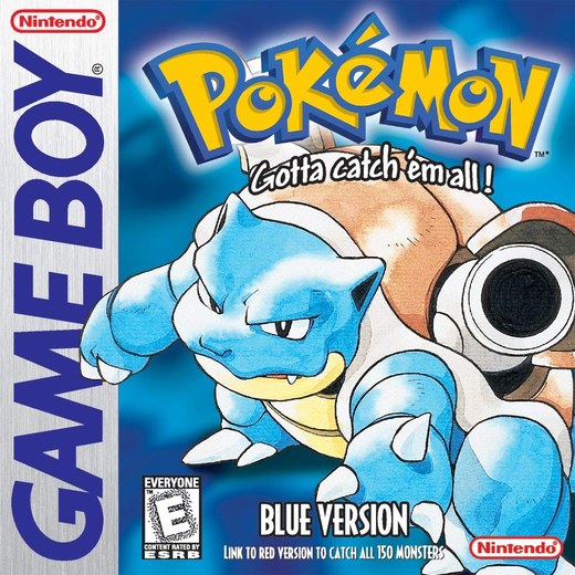 The Pokémon Blue Version Game Boy box art: Blastoise with its water cannons against a blue background, with the tagline Gotta catch em all.