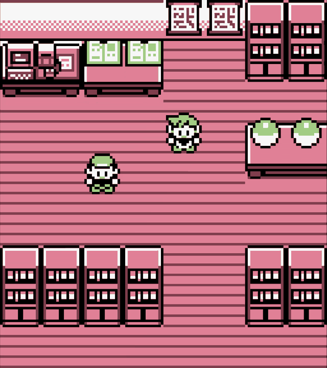 Inside a Pokémon Center in Pokémon Red: the trainer stands on a wooden floor between rows of shelves, a healing counter and a PC terminal.