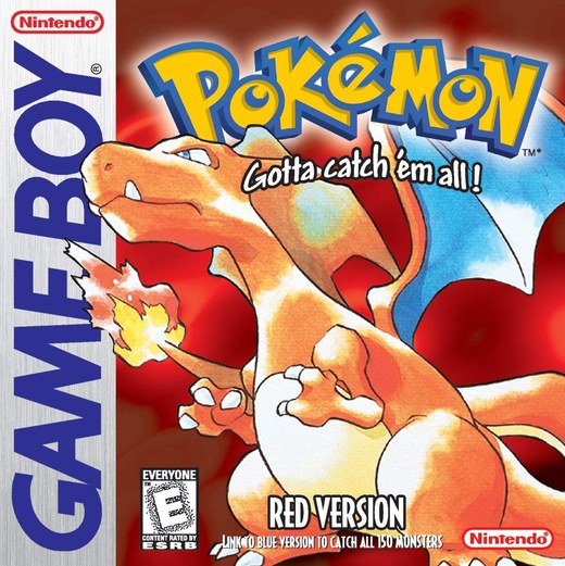 The Pokémon Red Version Game Boy box art: Charizard breathing fire against a red background, with the tagline Gotta catch em all.