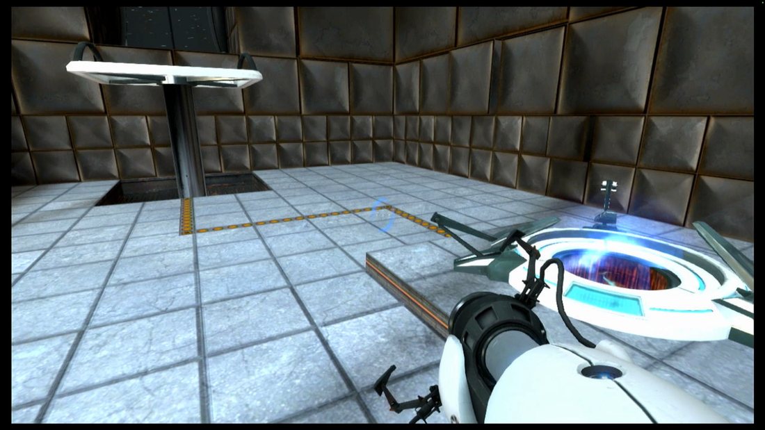 An early Portal test chamber: a tiled floor with a blue portal opening in it, a raised pedestal button on a stand, and the portal gun held in view.
