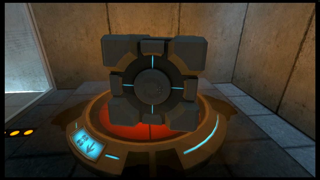 The Weighted Companion Cube in Portal, a grey cube marked with a pink heart motif, sitting on a glowing orange button in a dimly lit concrete room.