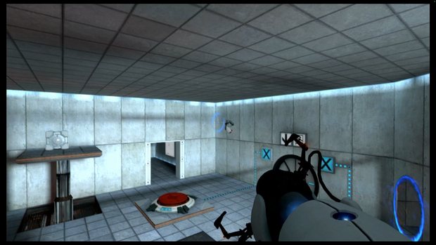 A later Portal chamber: a weighted cube sits on a raised platform on the left, a turret is visible through a blue portal on the wall, and a red floor button sits in the middle of the room.
