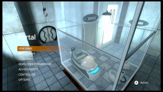 The Portal main menu, showing New Game, Bonus Maps, Load Game, Developer Commentary, Achievements, Controller and Options over a view of a glass-walled relaxation vault containing a bed and a toilet.