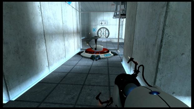 A view down a narrow concrete corridor in Portal towards a turret standing on the floor beyond a glass partition, with an exit door behind it.