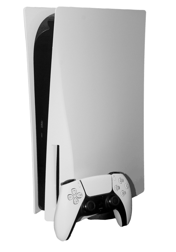 A white PlayStation 5 console with its DualSense controller.
